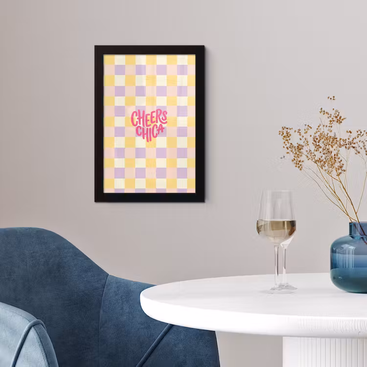 Poster met lijst - Cheers Chica - Ruitjes - Lila - Geel — 2
