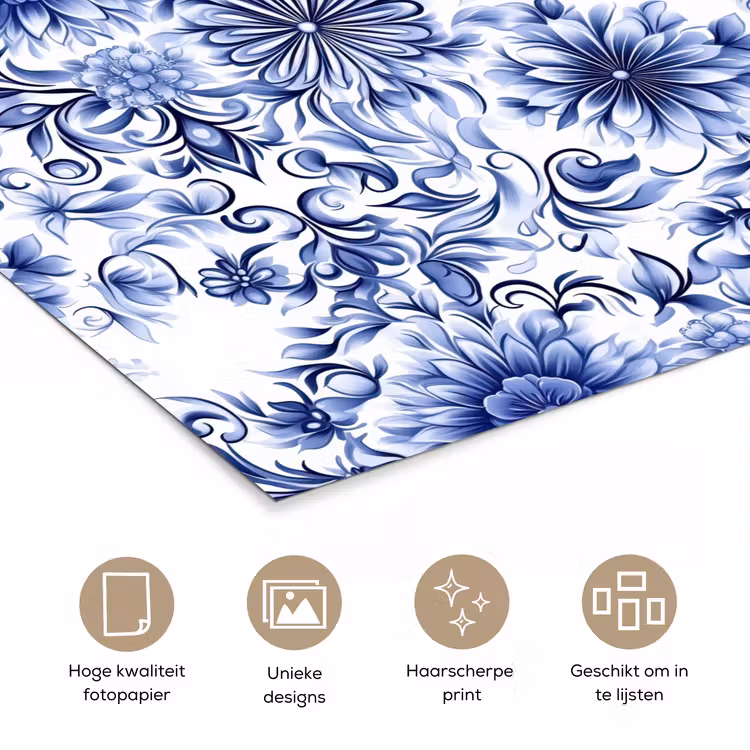 Poster - Bloemen - Blauw - Patroon - Wit — 5