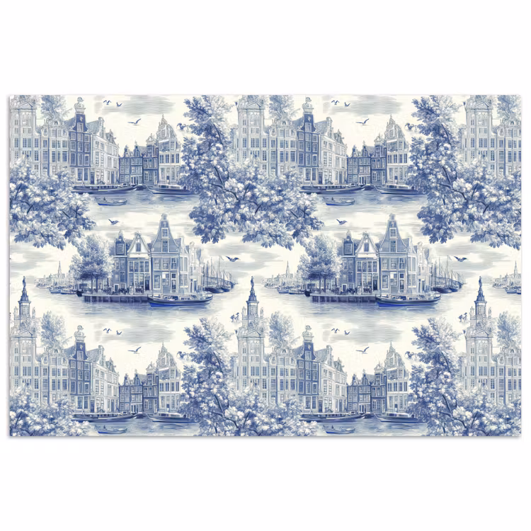Poster - Huizen - Bomen - Water - Vogels - Blauw — 1