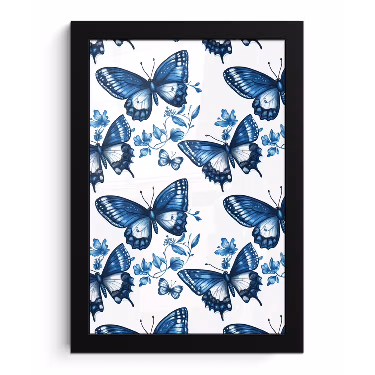 Poster met lijst - Blauw - Vlinders - Bloemen - Wit — 1