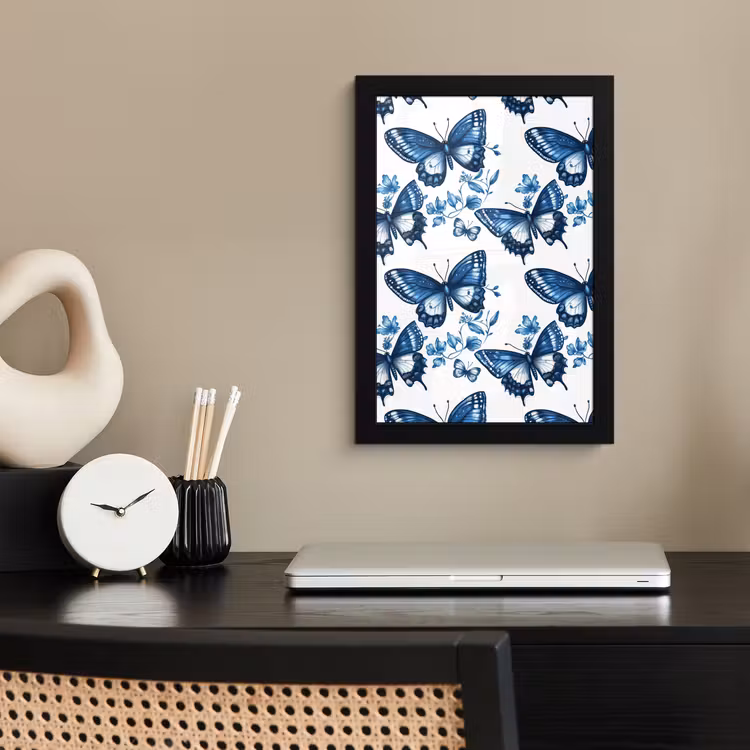 Poster met lijst - Blauw - Vlinders - Bloemen - Wit — 3