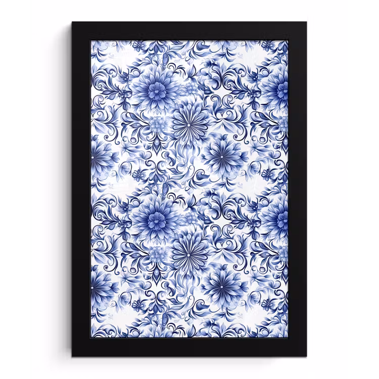 Poster met lijst - Bloemen - Blauw - Patroon - Wit — 1