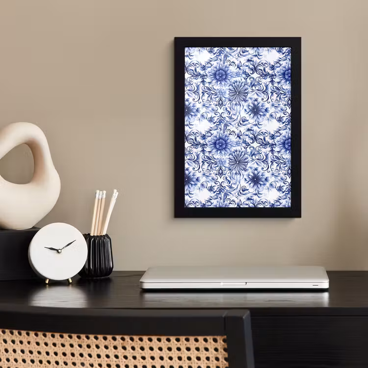 Poster met lijst - Bloemen - Blauw - Patroon - Wit — 3