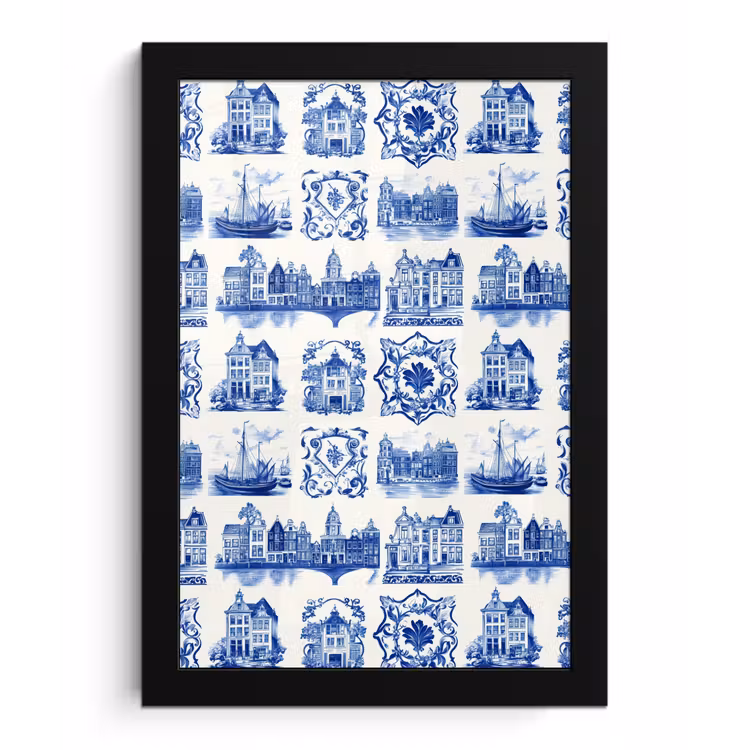 Poster met lijst - Huizen - Schepen - Blauw — 1