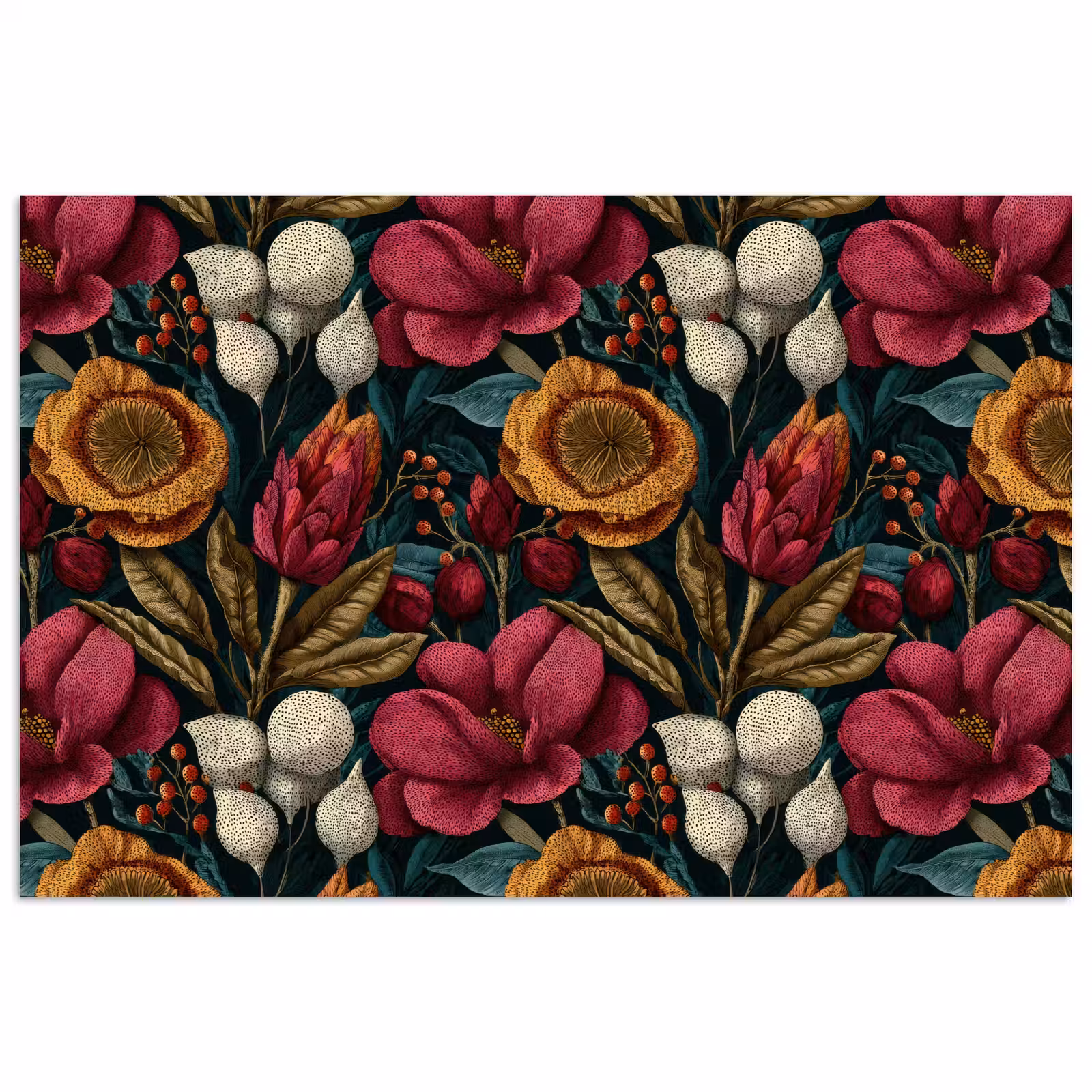 Poster - Bloemen - Patroon - Rood - Goud — 1