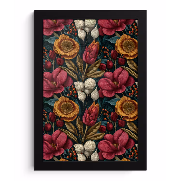 Poster met lijst - Bloemen - Patroon - Rood - Goud — 1