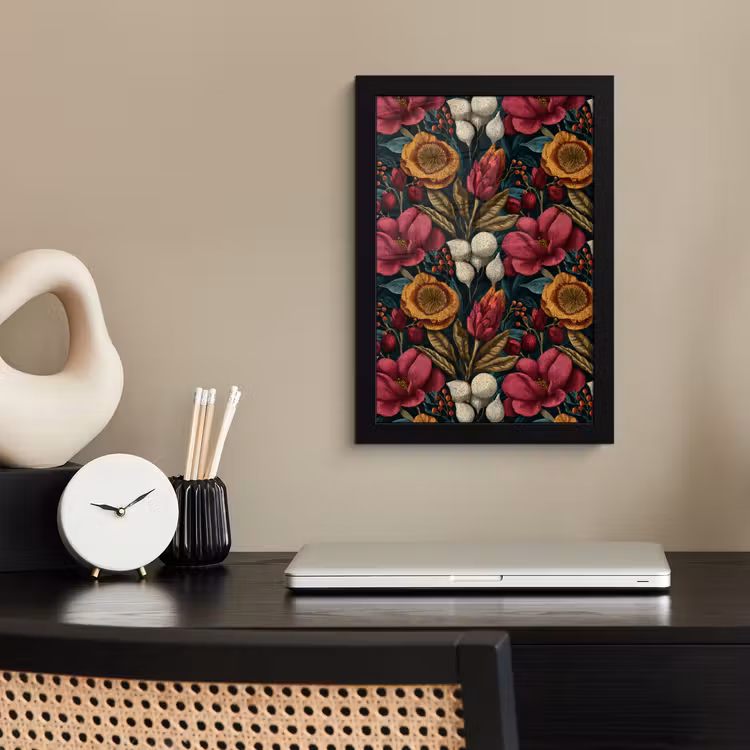 Poster met lijst - Bloemen - Patroon - Rood - Goud — 3