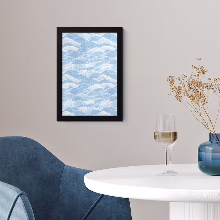 Poster met lijst - Blauw - Wit - Golven - Getekend — 2