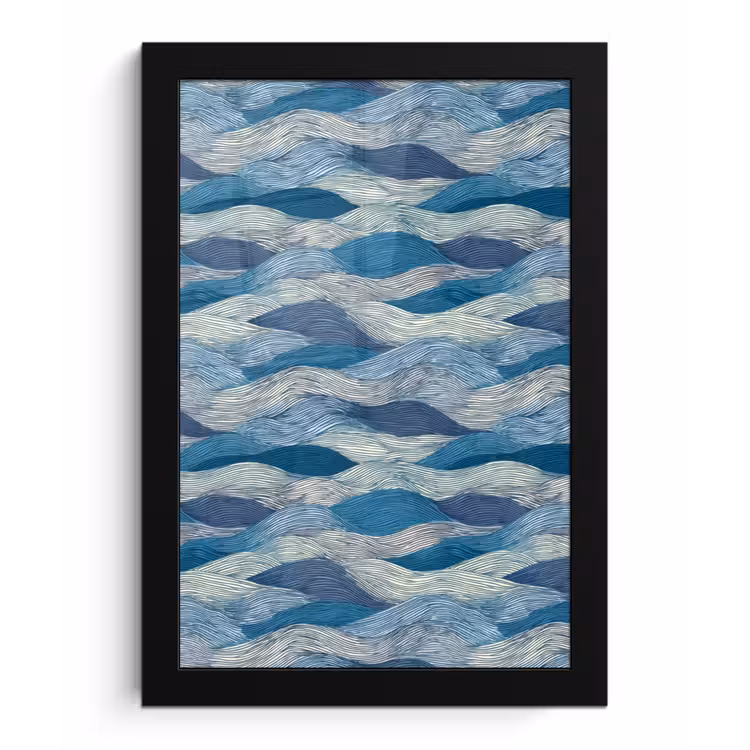 Poster met lijst - Getekend - Blauw - Wit - Golvend - Streepjes — 1