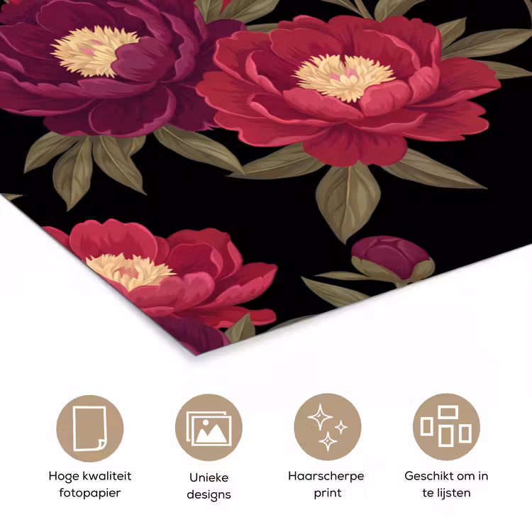Poster - Bloemen - Patroon - Botanisch - Rood - Zwart — 5
