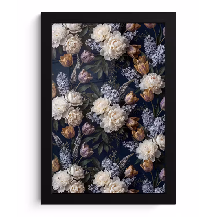 Poster met lijst - Bloemen - Donker - Elegant - Natuur - Wit — 1