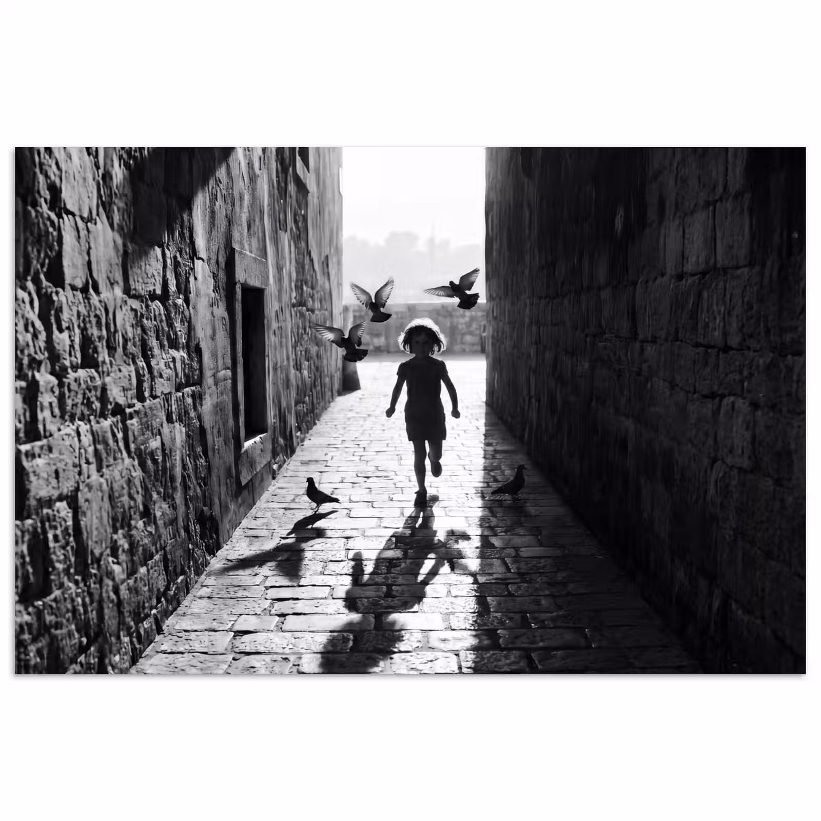 Poster - Kind - Vogel - Straat - Zwart-wit - Spelen — 1