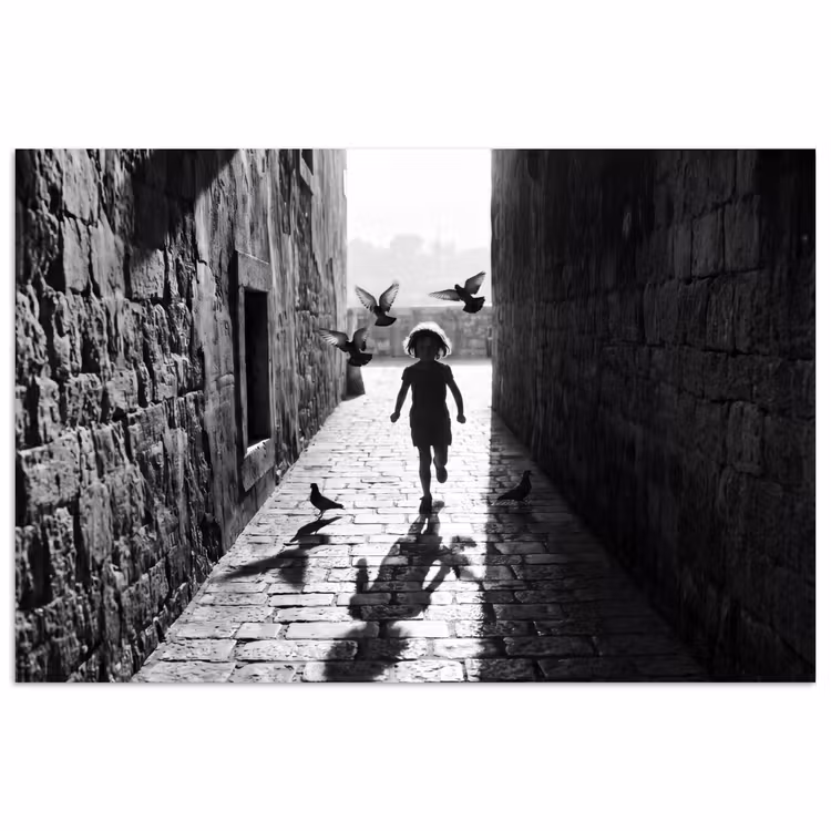 Poster - Kind - Vogel - Straat - Zwart-wit - Spelen — 1