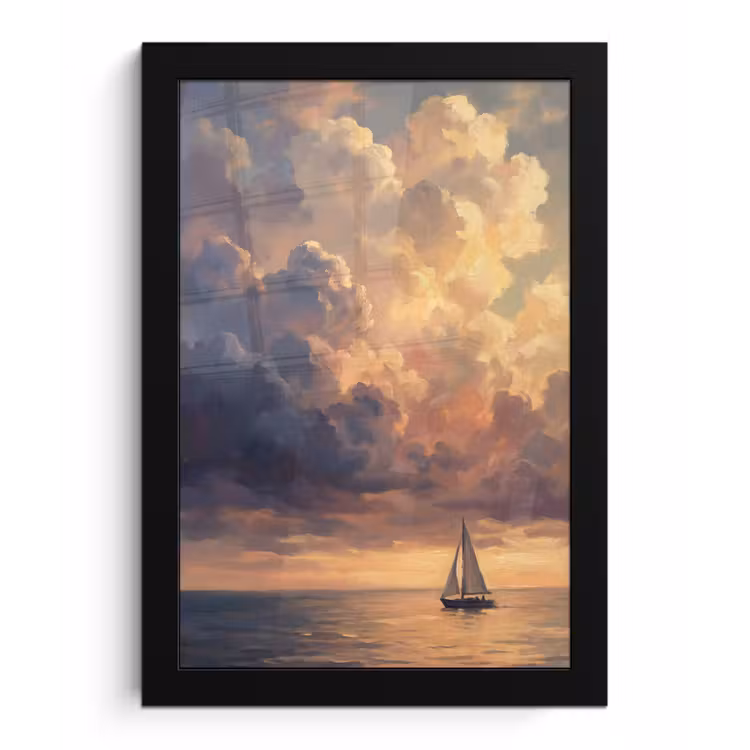 Poster met lijst - Boot - Zonsondergang - Zee - Natuur - Goud — 1