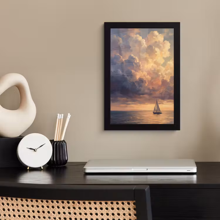 Poster met lijst - Boot - Zonsondergang - Zee - Natuur - Goud — 3