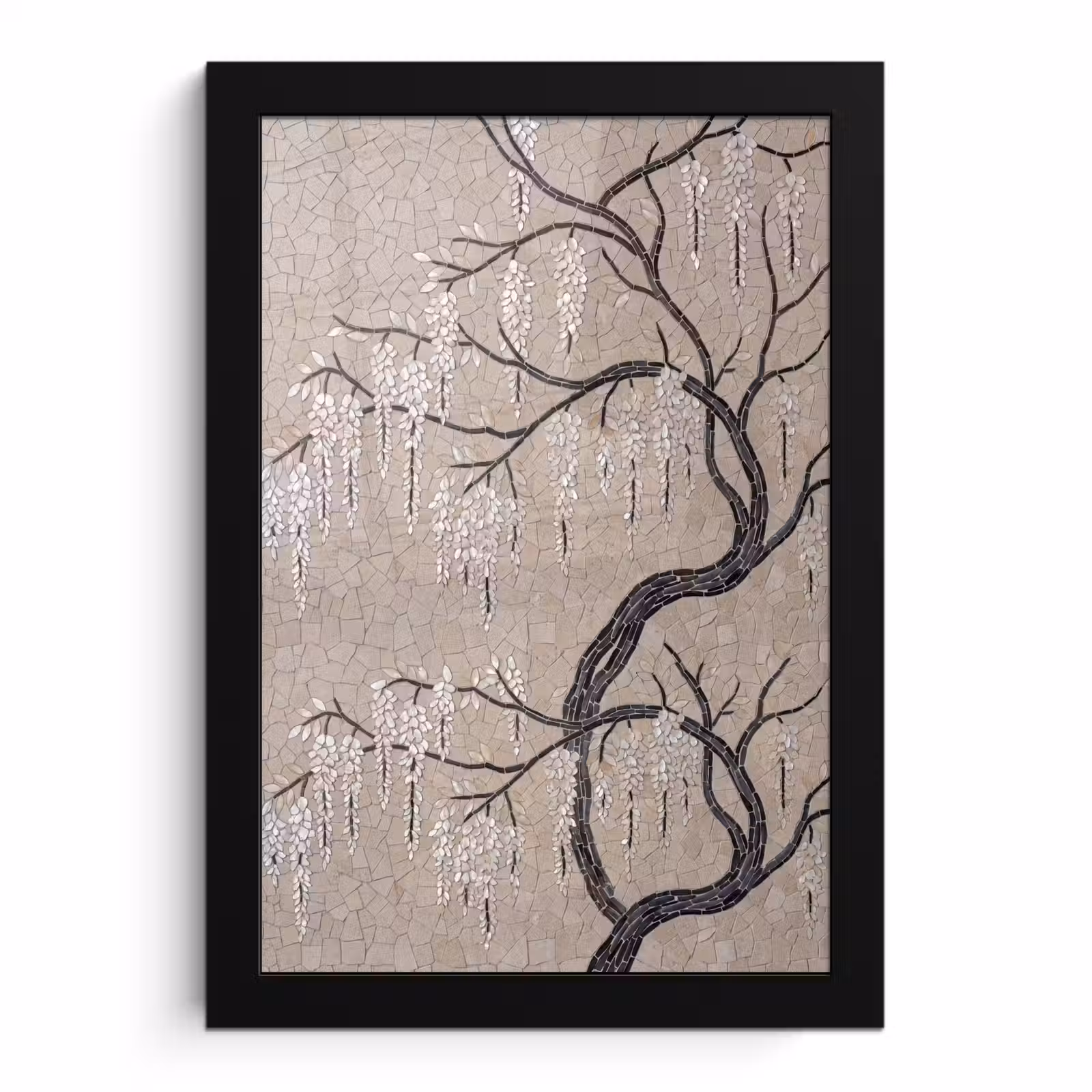Poster met lijst - Boom - Bloemen - Mozaïek - Kunst - Wit — 1