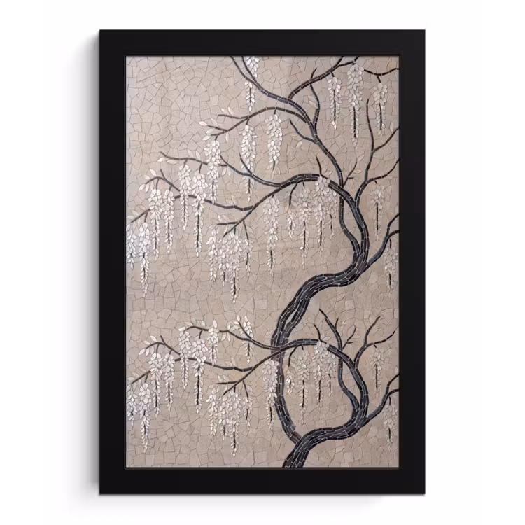 Poster met lijst - Boom - Bloemen - Mozaïek - Kunst - Wit — 1