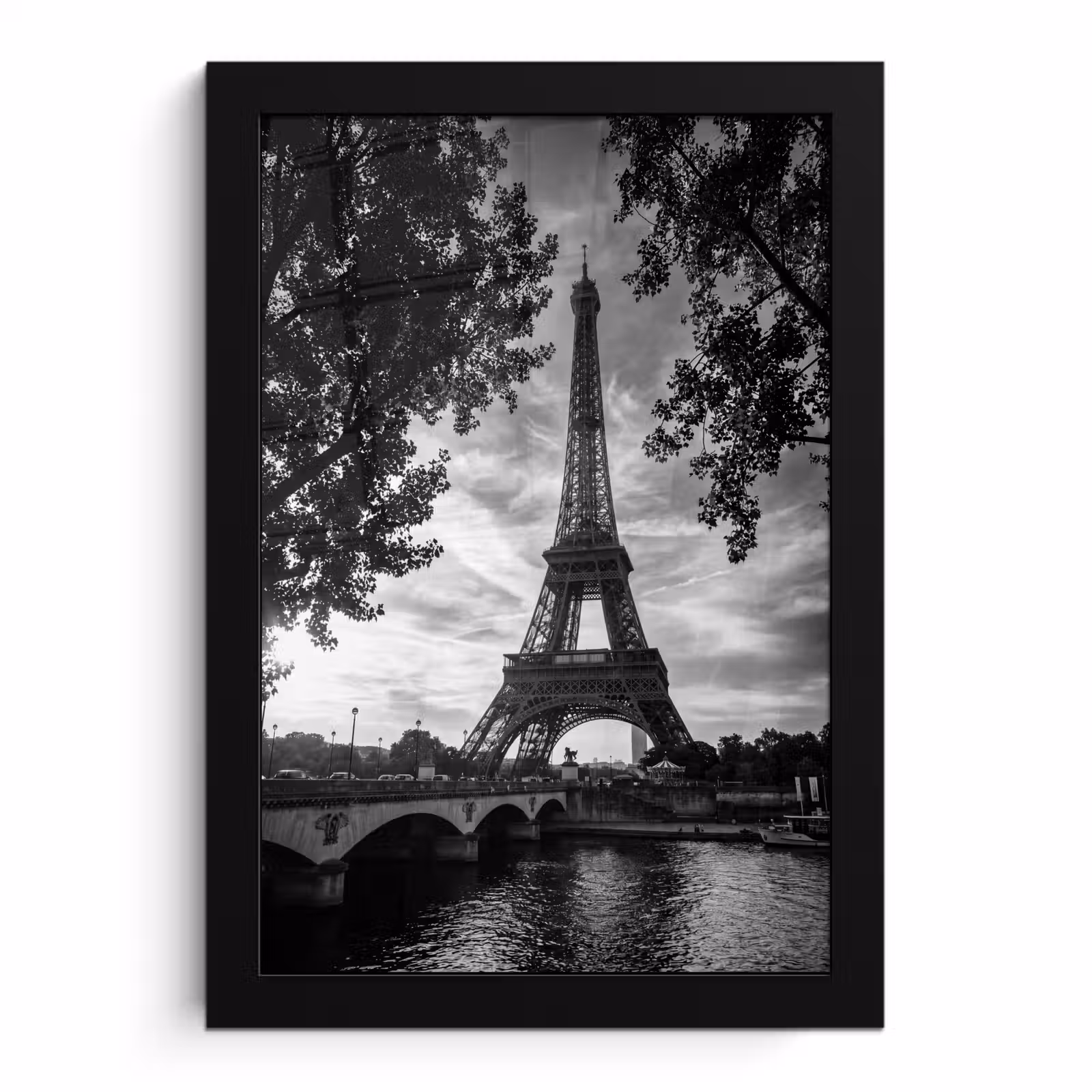 Poster met lijst - Eiffeltoren - Parijs - Rivier - Architectuur - Zwart-wit — 1