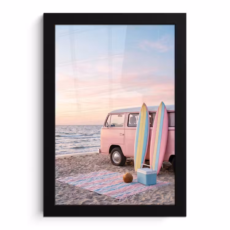 Poster met lijst - Busje - Strand - Surfplank - Zomer - Roze — 1
