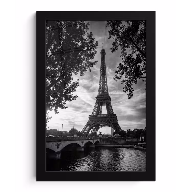 Poster met lijst - Eiffeltoren - Parijs - Rivier - Architectuur - Zwart-wit — 1