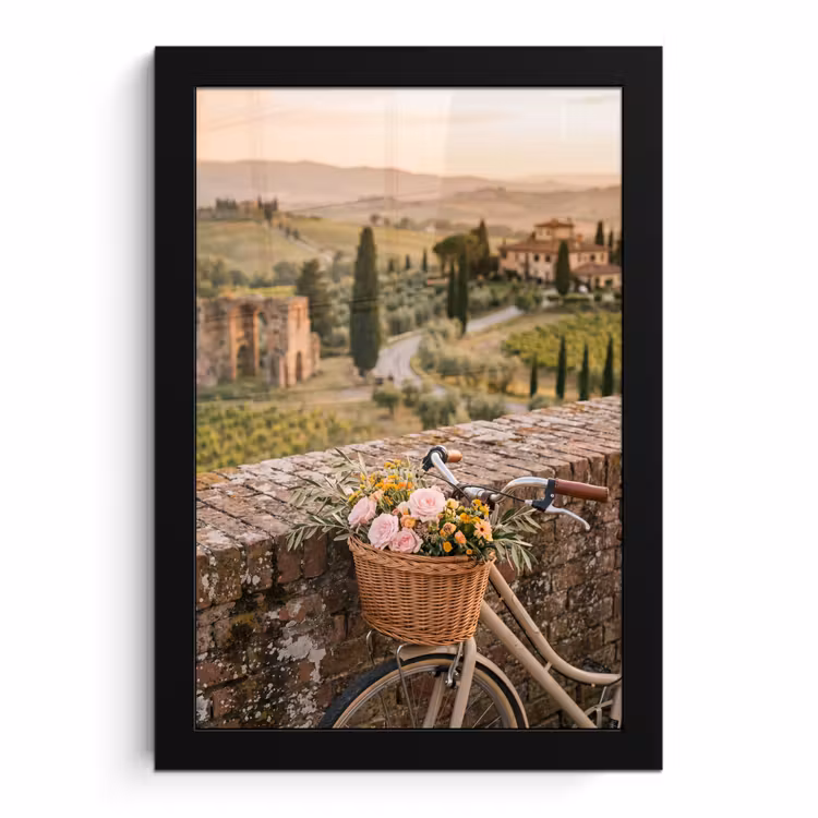 Poster met lijst - Fiets - Bloemen - Toscane - Landschap - Roze — 1