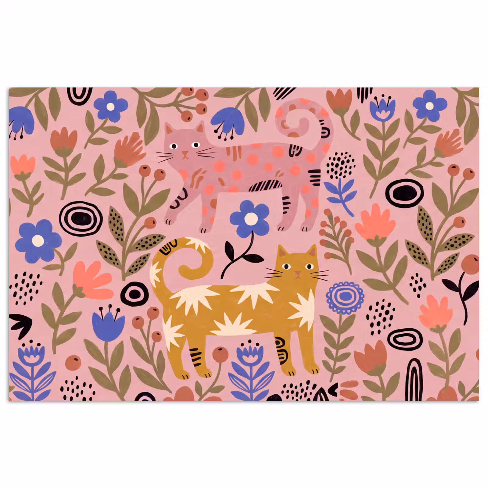 Poster - Kat - Bloemen - Dieren - Modern - Roze — 1