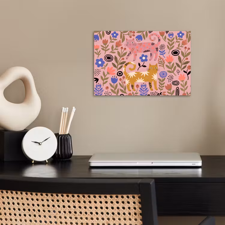 Poster - Kat - Bloemen - Dieren - Modern - Roze — 2