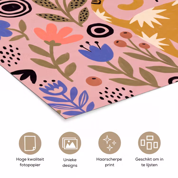 Poster - Kat - Bloemen - Dieren - Modern - Roze — 5