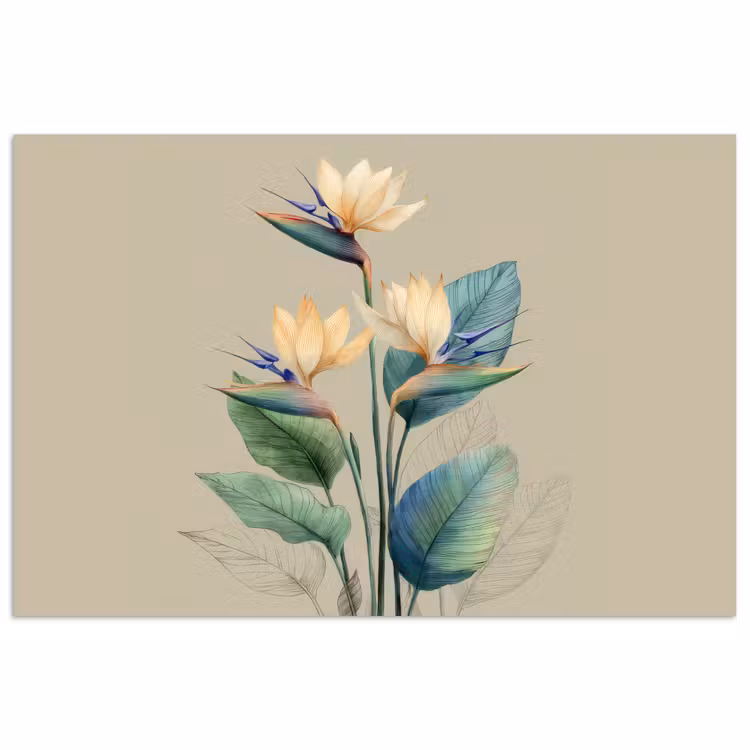 Poster - Paradijsvogelbloemen - Blauwgroene bladeren - Beige — 1