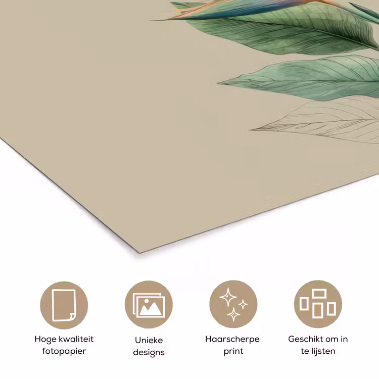 Poster - Paradijsvogelbloemen - Blauwgroene bladeren - Beige — 5