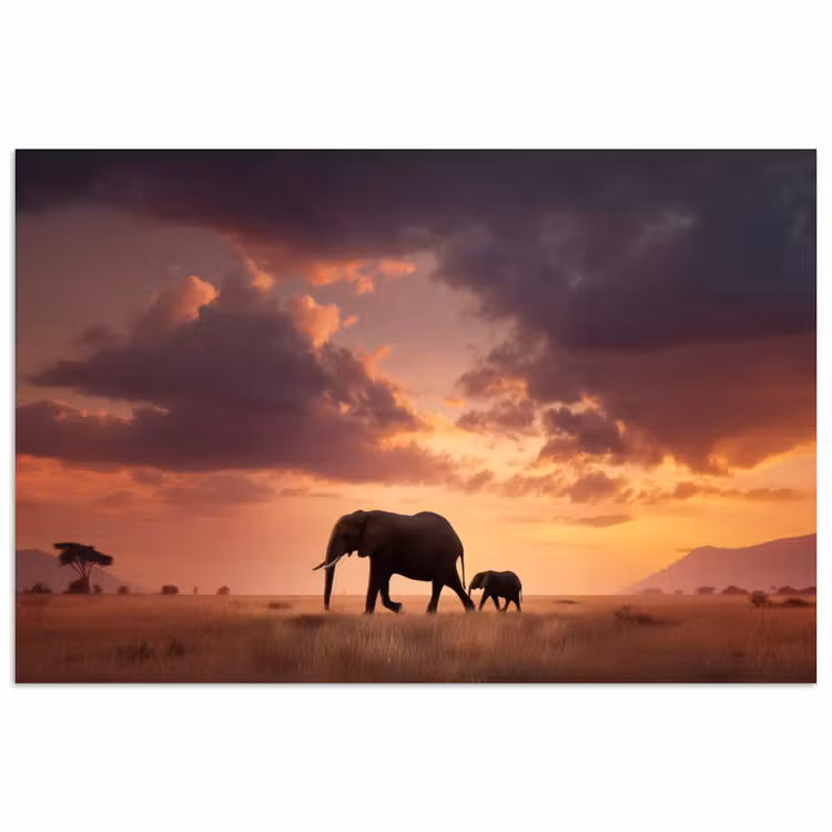 Poster - Olifanten - Grasland - Zonsondergang — 1