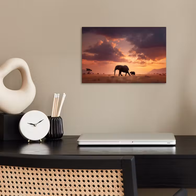 Poster - Olifanten - Grasland - Zonsondergang — 2