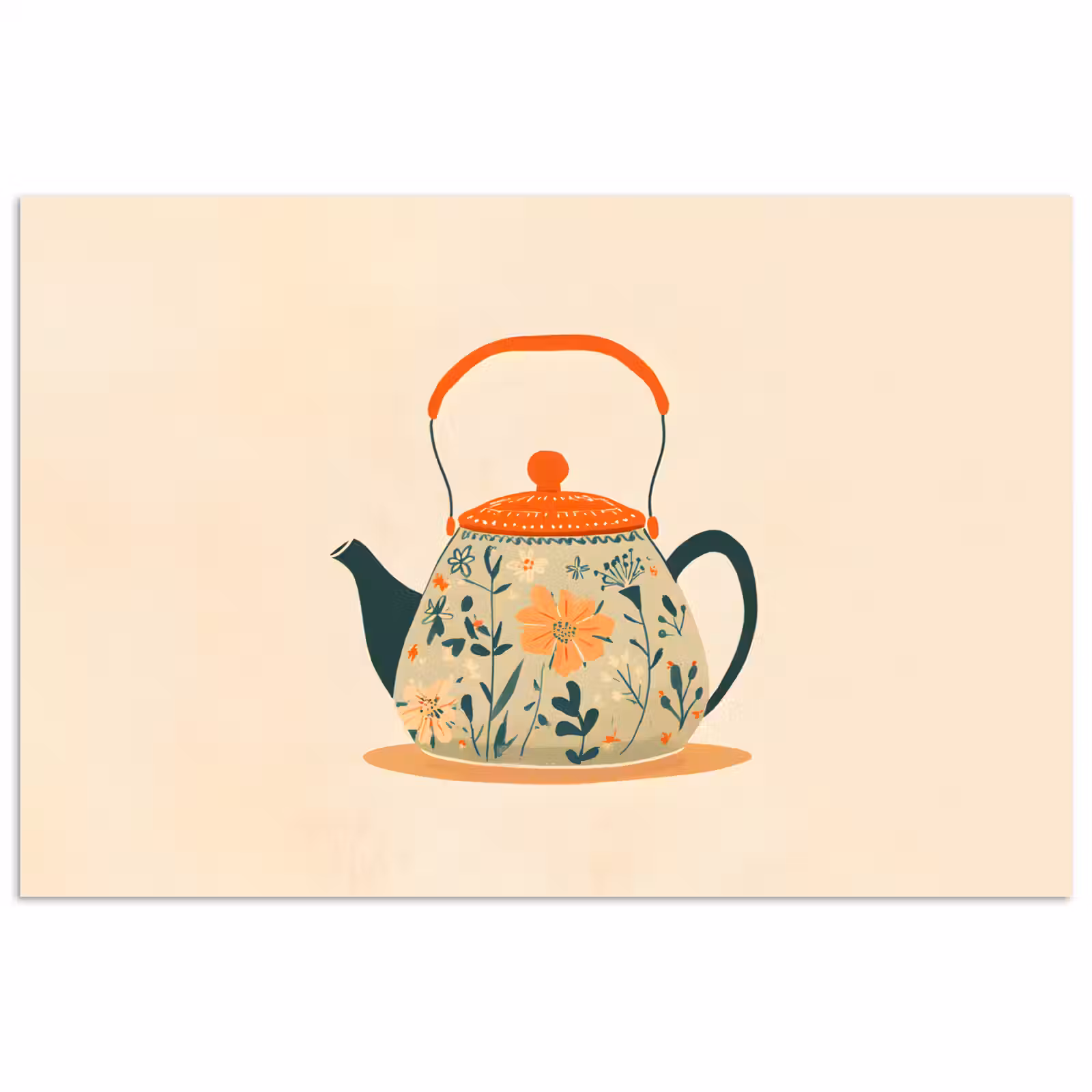 Poster - Oranje - Theepot - Bloemen - Bladeren — 1