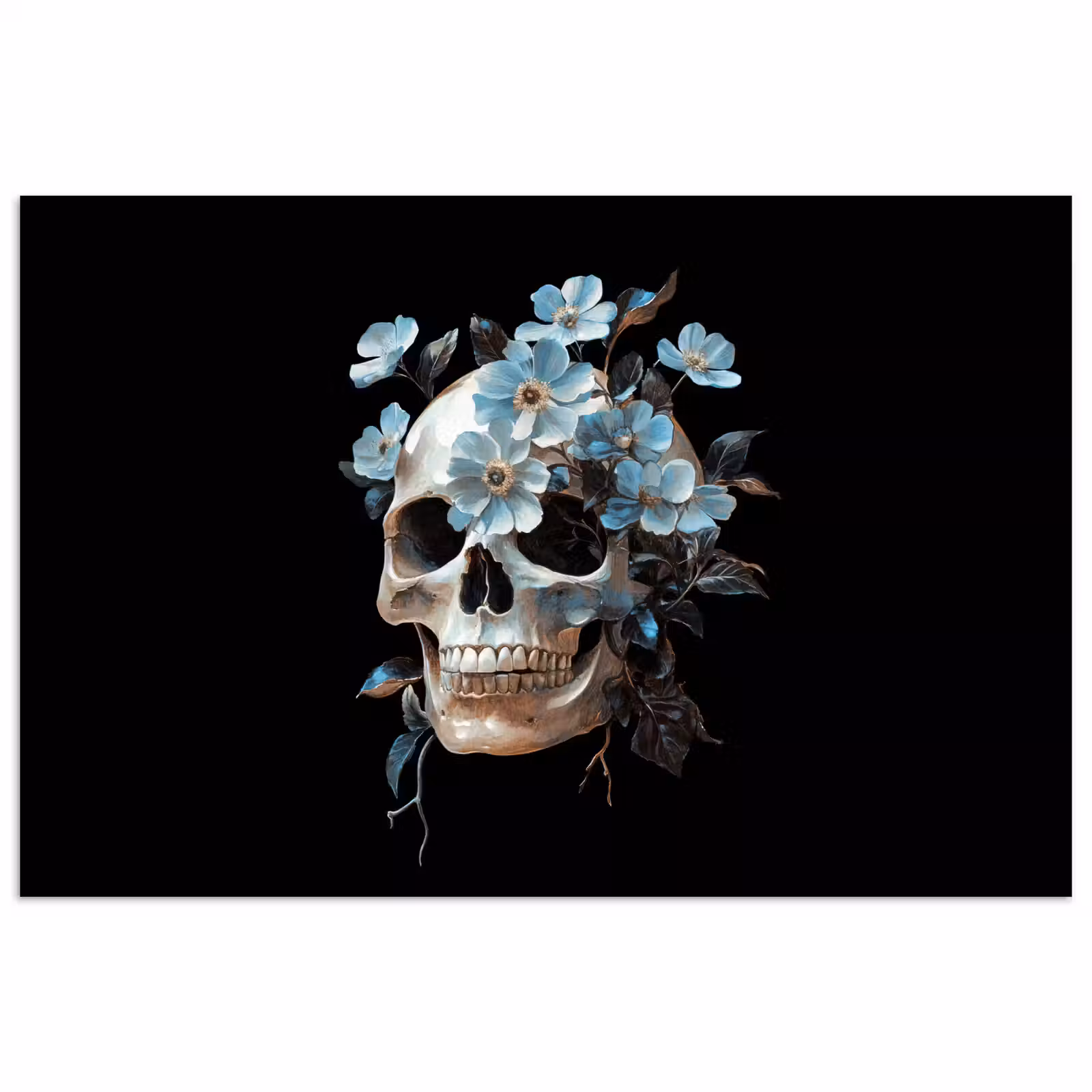 Poster - Schedel - Blauw - Bloemen - Bladeren — 1