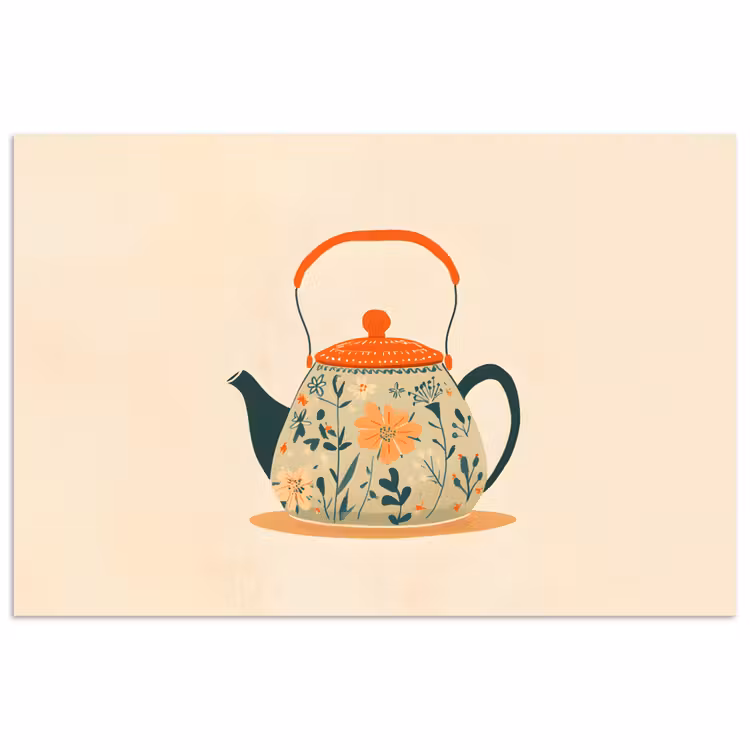 Poster - Oranje - Theepot - Bloemen - Bladeren — 1