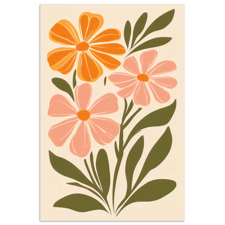 Poster - Minimalistisch - Bloemen - Bladeren - Roze — 1