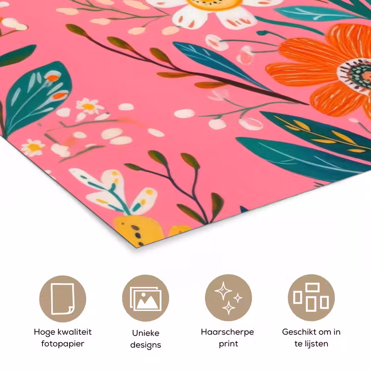 Poster - Roze - Bloemen - Wit - Oranje — 5