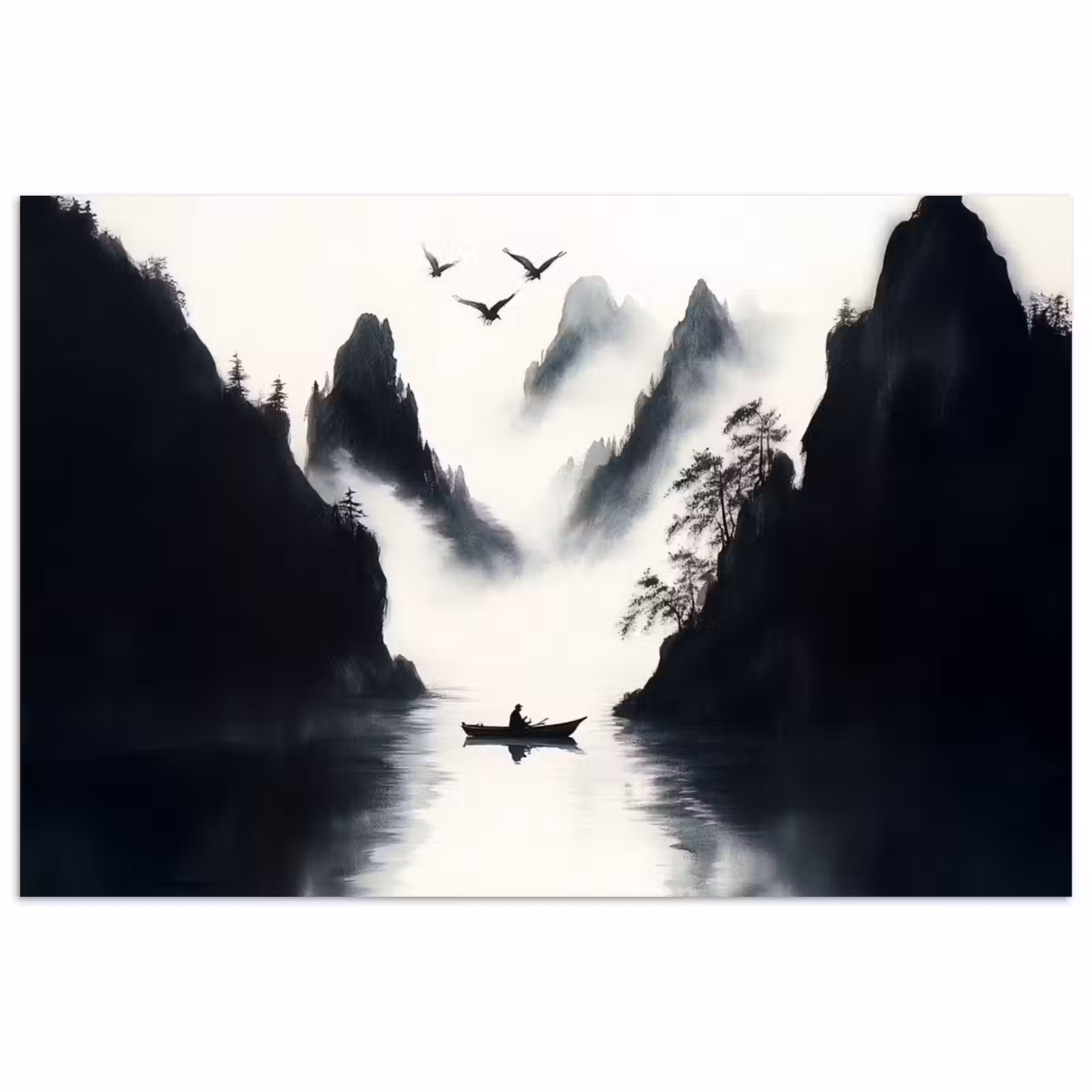 Poster - Roeiboot - Mistig - Bergen - Vogels — 1