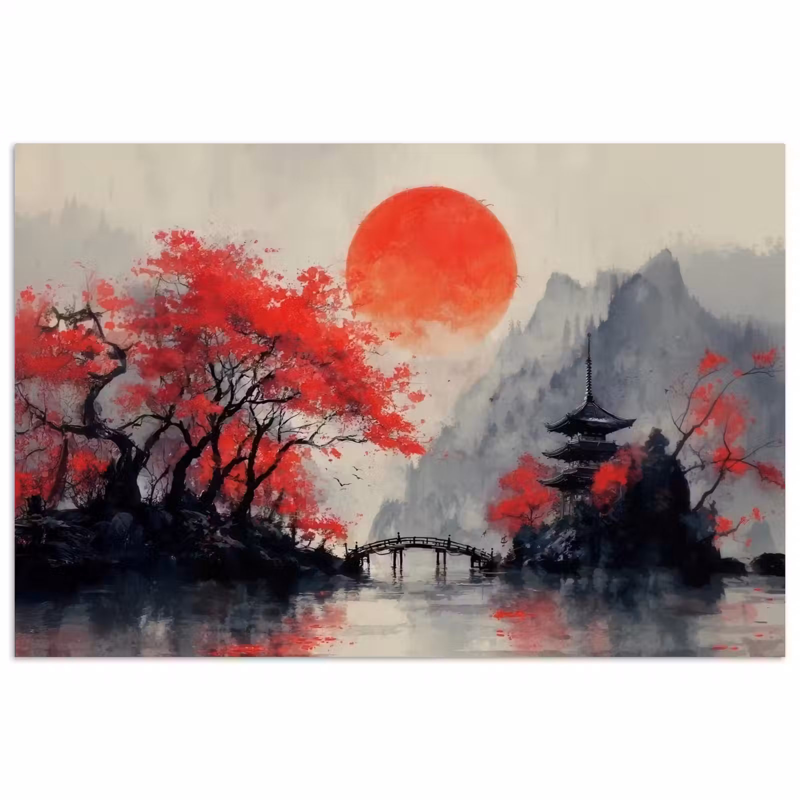 Poster - Rode zon - Rivier - brug - Bomen — 1