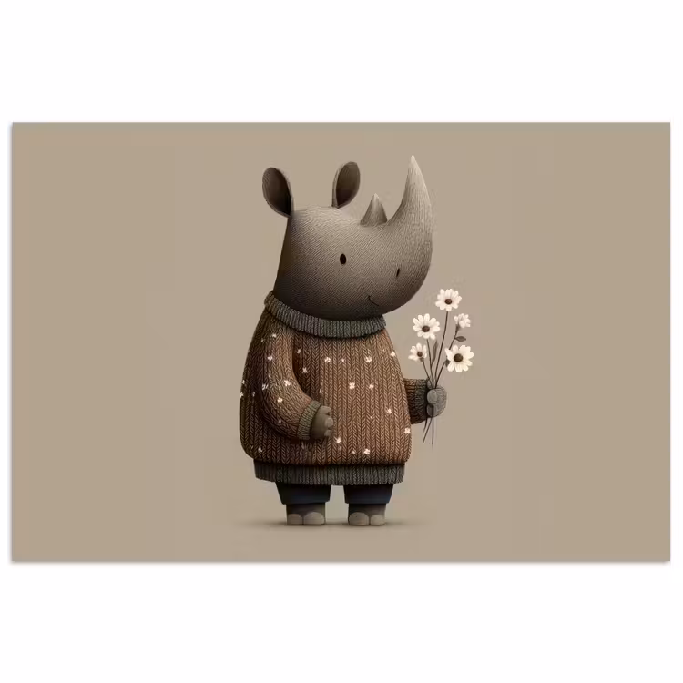 Poster - Neushoorn - Witte bloemen - Lief — 1