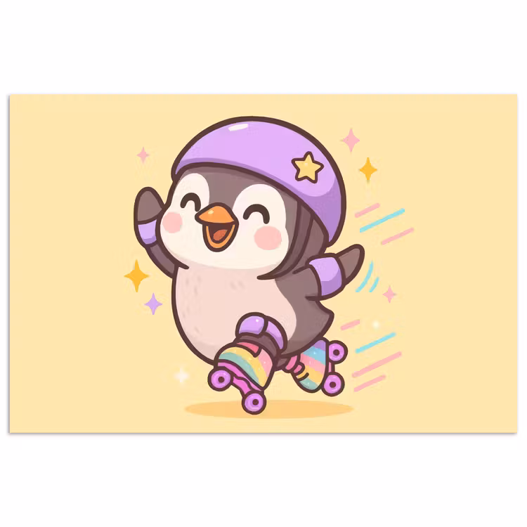 Poster - Pinguïn - Rolschaatsen - Geel - Energiek — 1