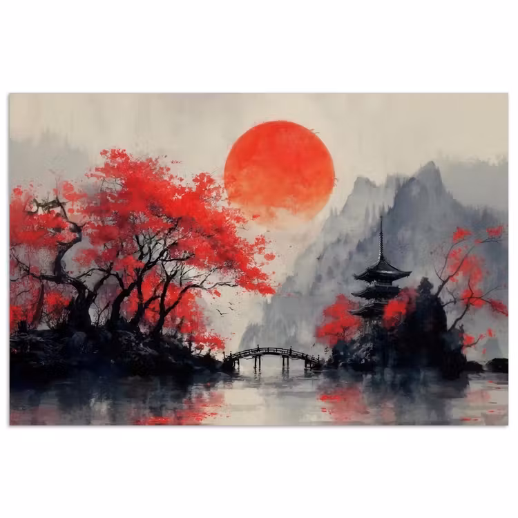 Poster - Rode zon - Rivier - brug - Bomen — 1
