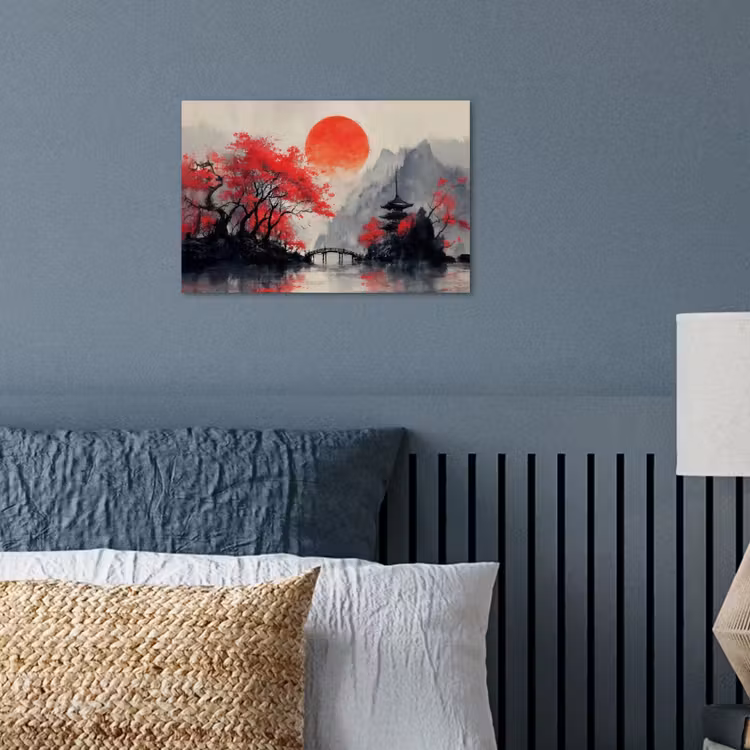 Poster - Rode zon - Rivier - brug - Bomen — 3