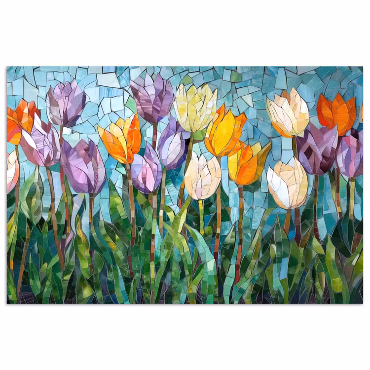 Poster - Mozaïek - Veld - Tulpen - Kleurrijk — 1