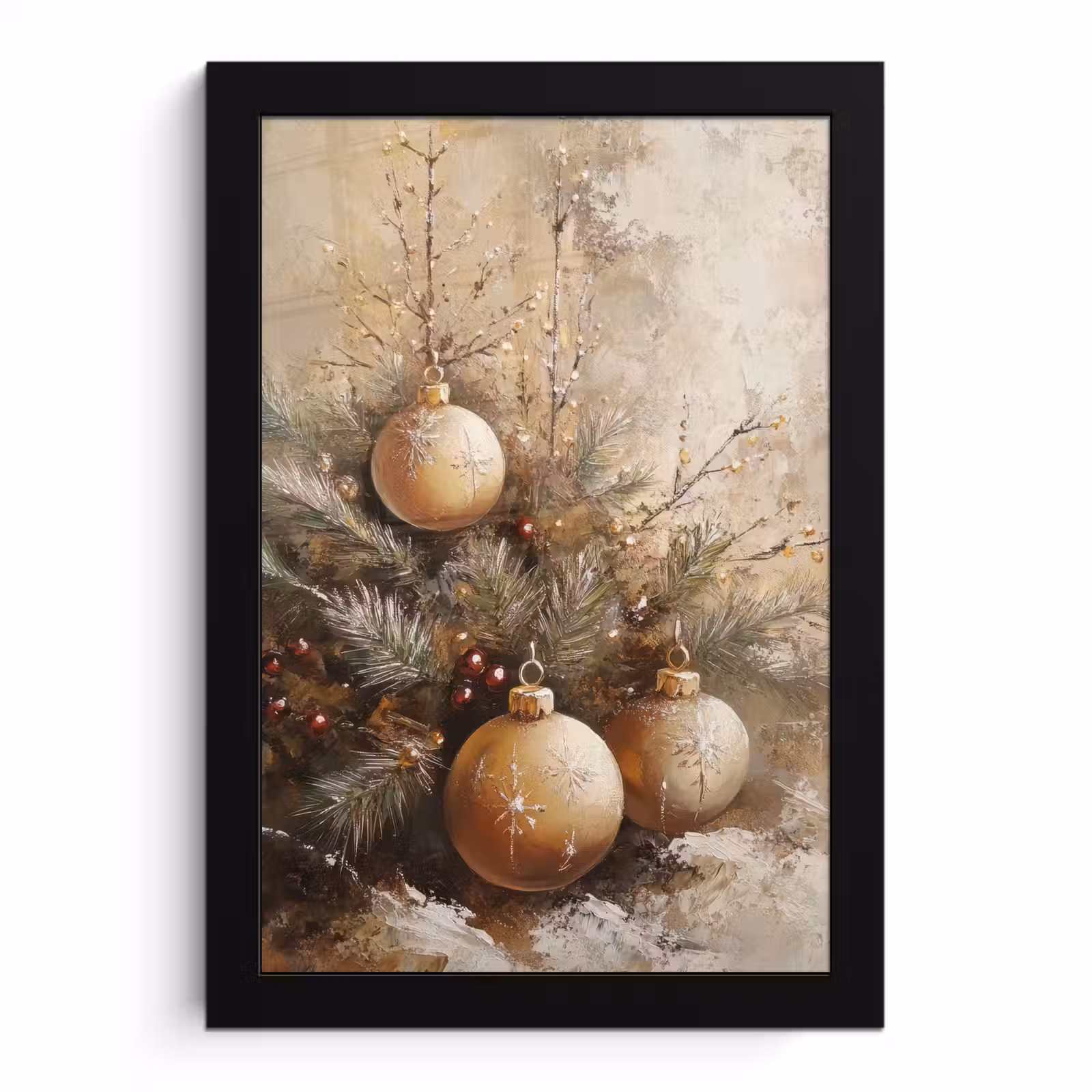 Poster met lijst - Kerst - Kerstballen - Beige - Goud — 1