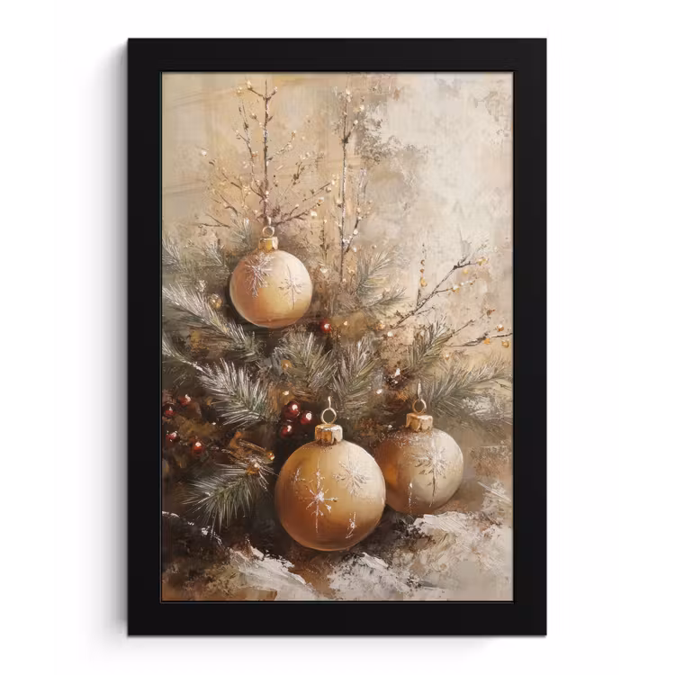 Poster met lijst - Kerst - Kerstballen - Beige - Goud — 1