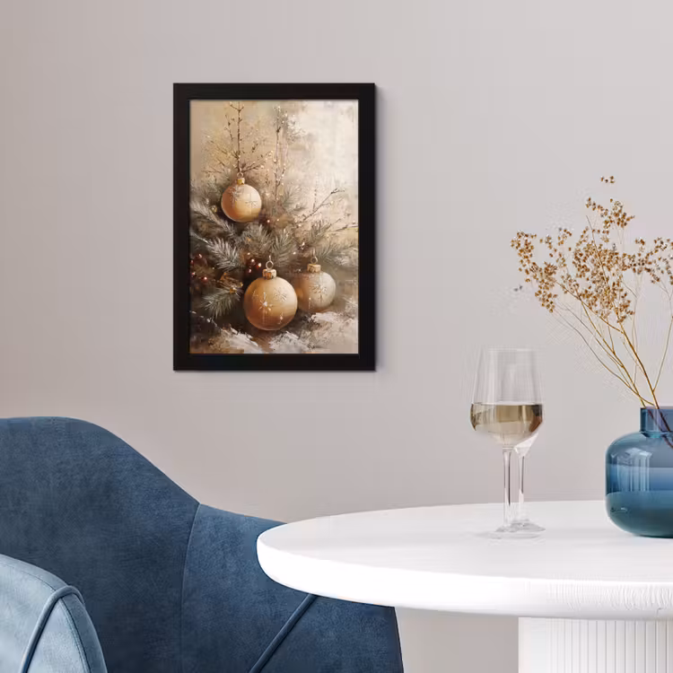 Poster met lijst - Kerst - Kerstballen - Beige - Goud — 2