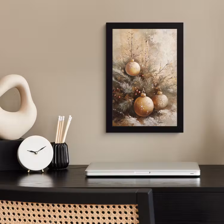 Poster met lijst - Kerst - Kerstballen - Beige - Goud — 3