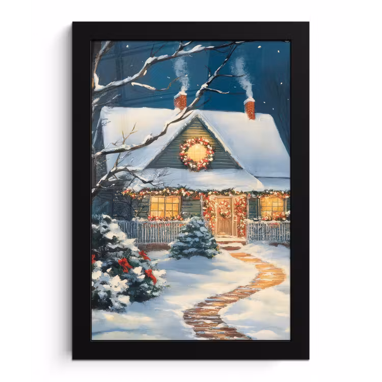 Poster met lijst - Kerst - Kerstboom - Winter - Huis - Sneeuw — 1
