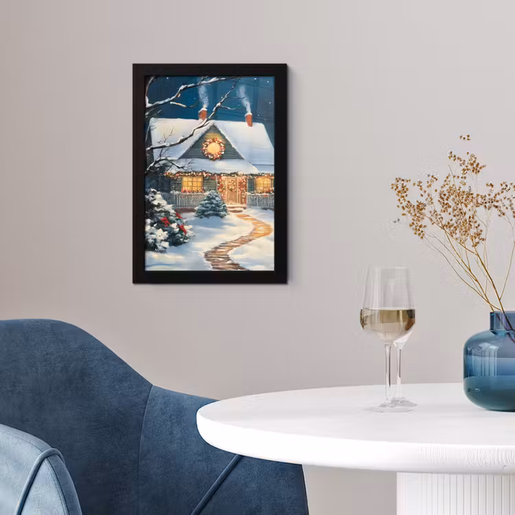 Poster met lijst - Kerst - Kerstboom - Winter - Huis - Sneeuw — 2